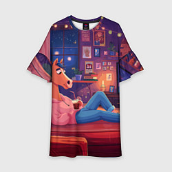 Платье клеш для девочки Конь в Новогодние праздники у телевизора, цвет: 3D-принт