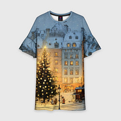 Платье клеш для девочки Новый год в старом уютном городе, цвет: 3D-принт