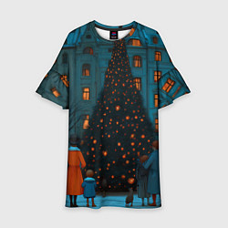 Платье клеш для девочки Люди встречают новый год во дворе, цвет: 3D-принт