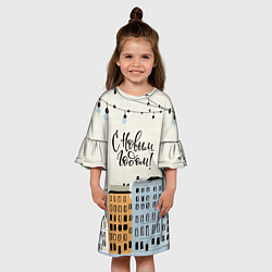 Платье клеш для девочки С новым годом - новогодний городок, цвет: 3D-принт — фото 2