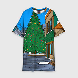 Платье клеш для девочки Мультяшный новогодний двор, цвет: 3D-принт