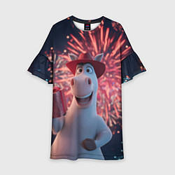 Платье клеш для девочки Лошадь с подарком на фоне салюта, цвет: 3D-принт