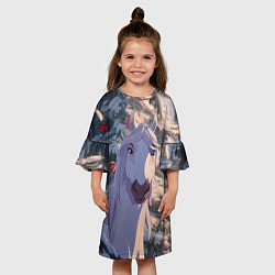Платье клеш для девочки Белая лошадь на фоне елки, цвет: 3D-принт — фото 2