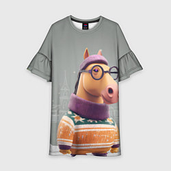 Платье клеш для девочки Новогодняя лошадка хипстер, цвет: 3D-принт