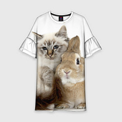 Платье клеш для девочки Кот и кролик пушистые, цвет: 3D-принт
