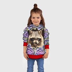 Толстовка-худи детская Енот среди цветов, цвет: 3D-красный — фото 2