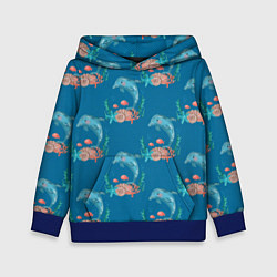 Толстовка-худи детская Дельфины Море паттерн, цвет: 3D-синий