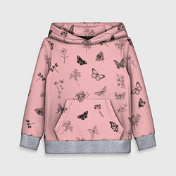 Толстовка-худи детская Цветочки и бабочки на розовом фоне, цвет: 3D-меланж