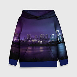 Толстовка-худи детская Неоновый город с рекой - Фиолетовый, цвет: 3D-синий