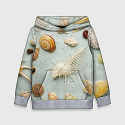 Толстовка-худи детская Океанские ракушки и морские звёзды на песке, цвет: 3D-меланж