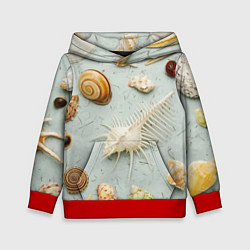 Толстовка-худи детская Океанские ракушки и морские звёзды на песке, цвет: 3D-красный
