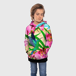 Толстовка-худи детская Колибри и орхидеи, цвет: 3D-черный — фото 2