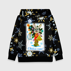 Толстовка-худи детская Новый год зайчик несёт ёлочку, цвет: 3D-черный