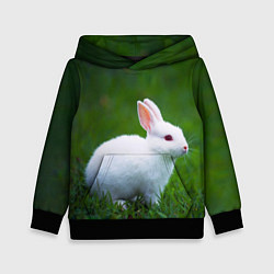 Толстовка-худи детская Кролик на фоне травы, цвет: 3D-черный