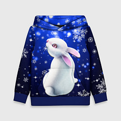 Толстовка-худи детская Белый кролик в снежинках, цвет: 3D-синий