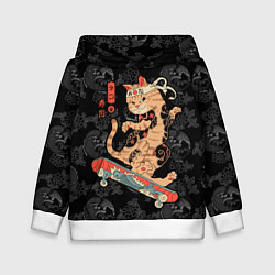 Толстовка-худи детская Кот самурай на скейтборде, цвет: 3D-белый