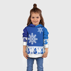 Толстовка-худи детская Снеговики в снежинках синие, цвет: 3D-белый — фото 2