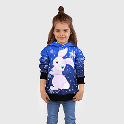 Толстовка-худи детская Кролик на фоне снежинок, цвет: 3D-черный — фото 2