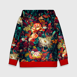 Толстовка-худи детская Цветочный паттерн с цветами и листьями, цвет: 3D-красный