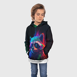 Толстовка-худи детская Енот в неоновой дымке, цвет: 3D-белый — фото 2