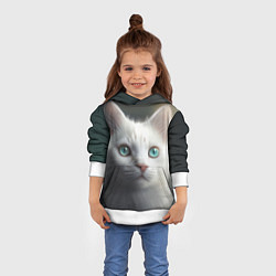 Толстовка-худи детская Милый белый кот с голубыми глазами, цвет: 3D-белый — фото 2