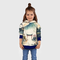 Толстовка-худи детская Японский пейзаж - акварель, цвет: 3D-синий — фото 2