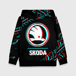 Толстовка-худи детская Значок Skoda в стиле glitch на темном фоне, цвет: 3D-черный
