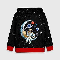Толстовка-худи детская Skeleton astronaut eats pizza while sitting on the, цвет: 3D-красный
