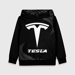 Детская толстовка Tesla speed на темном фоне со следами шин