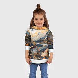 Толстовка-худи детская Солнечное утро в цветущих горах, цвет: 3D-белый — фото 2