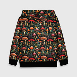 Толстовка-худи детская Сказочные грибы мухоморы паттерн, цвет: 3D-черный