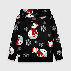 Толстовка-худи детская Снеговички в зимних шапочках со снежинками, цвет: 3D-черный