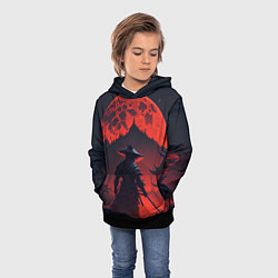 Толстовка-худи детская Samurai and red moon - нейросеть, цвет: 3D-черный — фото 2