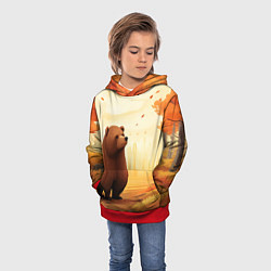 Толстовка-худи детская Мишка в осеннем лесу фолк-арт, цвет: 3D-красный — фото 2