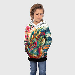Толстовка-худи детская Гравюра японского дракона, цвет: 3D-черный — фото 2