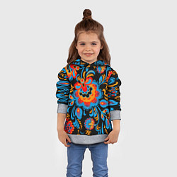 Толстовка-худи детская Хохломская роспись разноцветные цветы на чёроном ф, цвет: 3D-меланж — фото 2