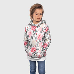 Толстовка-худи детская Розовые розы и серые листочки - паттерн, цвет: 3D-белый — фото 2