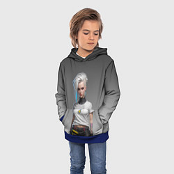 Толстовка-худи детская Блондинка в белой футболке Cyberpunk 2077, цвет: 3D-синий — фото 2