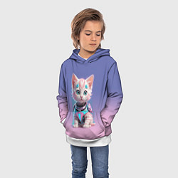 Толстовка-худи детская Милый котёнок - киберпанк милашка, цвет: 3D-белый — фото 2
