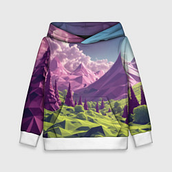 Толстовка-худи детская Геометрический зеленый пейзаж и фиолетовые горы, цвет: 3D-белый