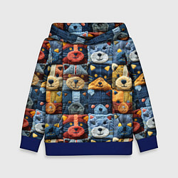 Толстовка-худи детская Вязанные еноты на пэчворк, цвет: 3D-синий