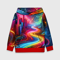 Толстовка-худи детская Неоновый город - нейроарт, цвет: 3D-красный