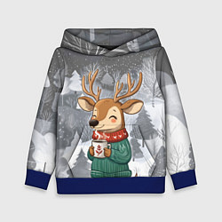 Толстовка-худи детская Олень с кофе в лесу, цвет: 3D-синий