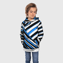 Толстовка-худи детская Бело-синие диагональные полосы на чёрном фоне, цвет: 3D-белый — фото 2