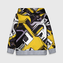 Толстовка-худи детская Бело-жёлтый техно паттерн на чёрном фоне, цвет: 3D-меланж