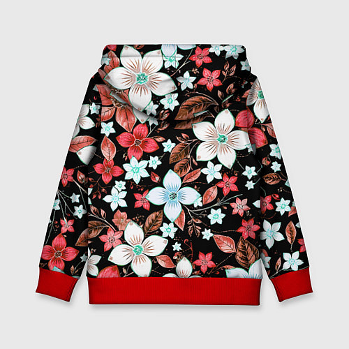 Детская толстовка Красно-белые цветы на чёрном фоне / 3D-Красный – фото 2