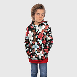 Толстовка-худи детская Красно-белые цветы на чёрном фоне, цвет: 3D-красный — фото 2