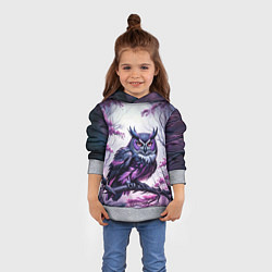 Толстовка-худи детская Черно фиолетовая сова сидит на ветке, цвет: 3D-меланж — фото 2