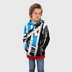 Толстовка-худи детская Чёрно-белые абстрактные линии на синем фоне, цвет: 3D-красный — фото 2