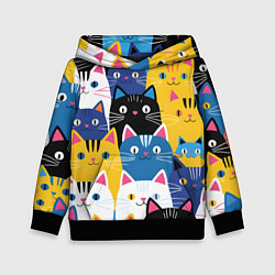 Толстовка-худи детская Много цветных котиков, цвет: 3D-черный